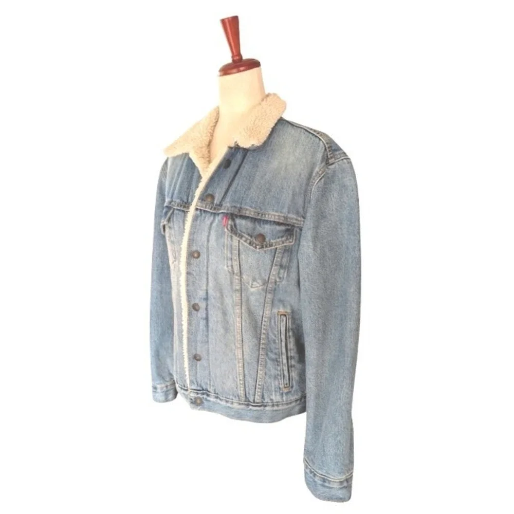 Levis Mens Sherpa Lined Trucker Jacket Light Wash‎ Blue Denim Small Unisex